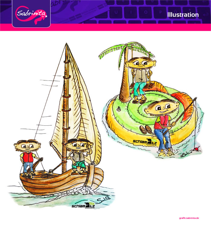 Referenz: Illustration Maxl und Franzi, beim segeln und Maxl und Franzi, die Insel