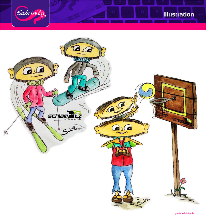 Referenz: Illustration Maxl und Franzi, im Winter und Maxl und Franzi, beim Basketball