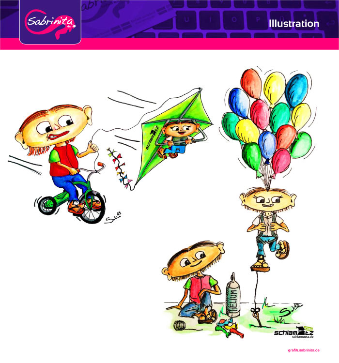 Referenz: Illustration Maxl und Franzi, beim kiten und Maxl und Franzi, die Ballonfahrt